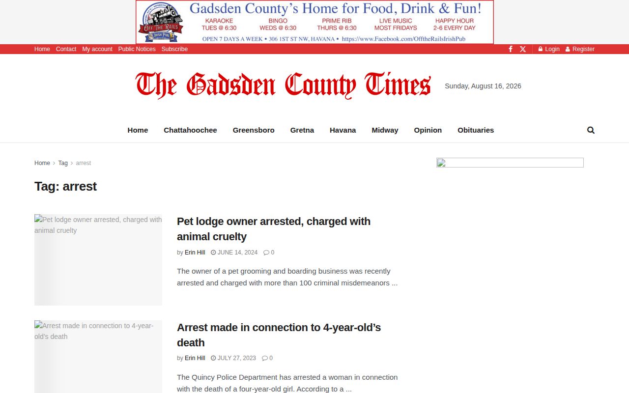 Gadsden County arrest news section and locally published booking reports