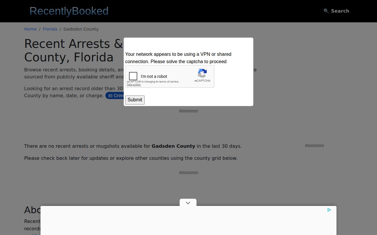 Unofficial Gadsden County recent booking page showing stale mugshot feed context
