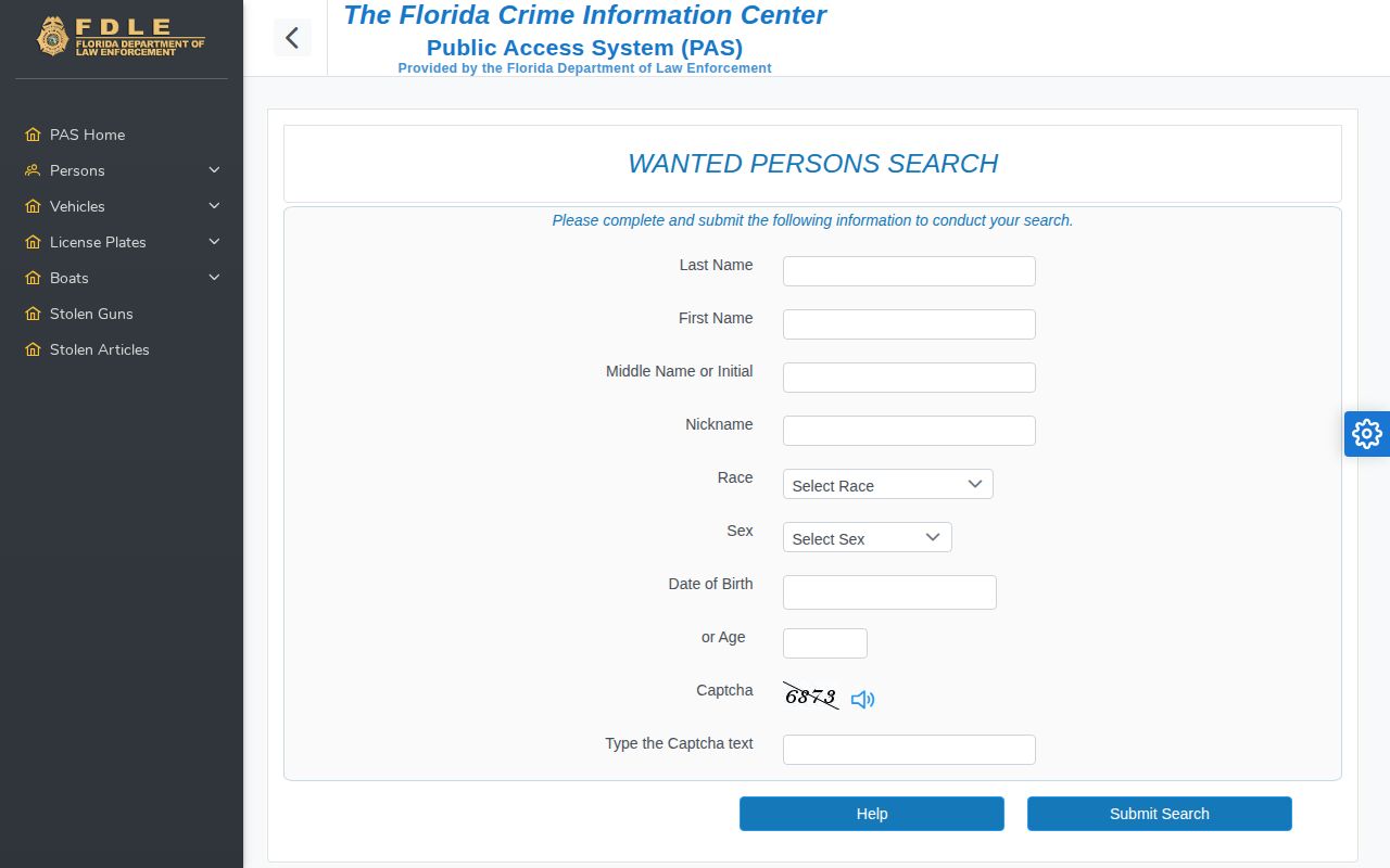 FDLE search form for Gadsden County wanted fugitives and warrant records