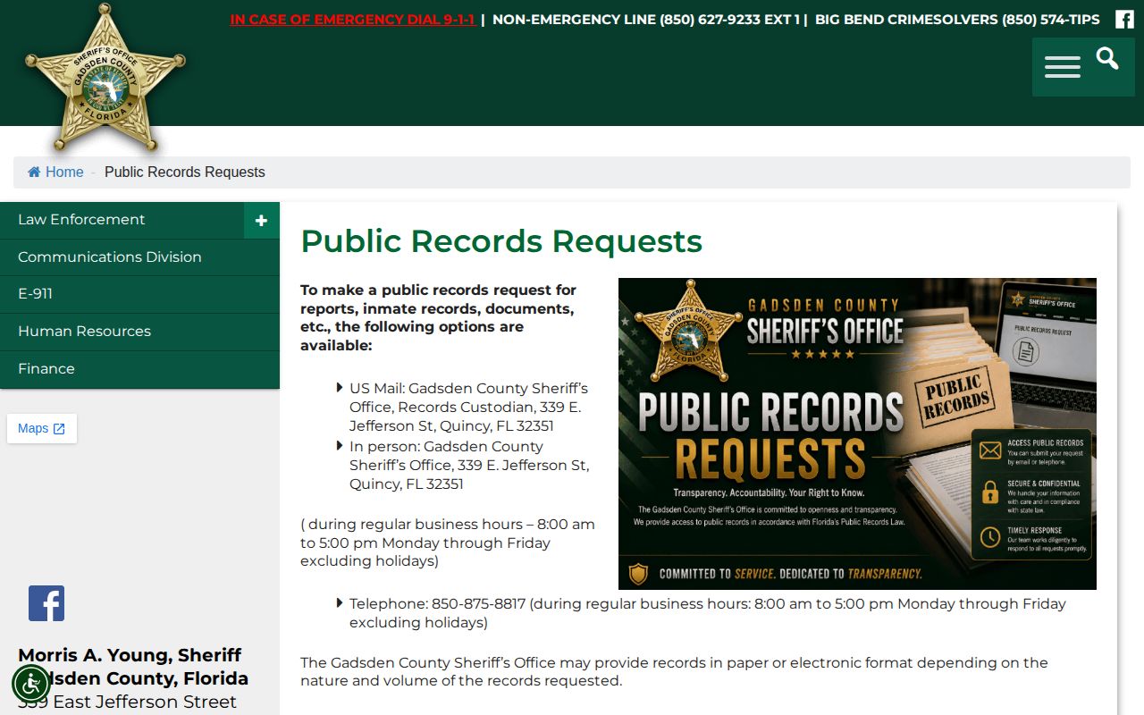 Gadsden County booking record and mugshot request policy